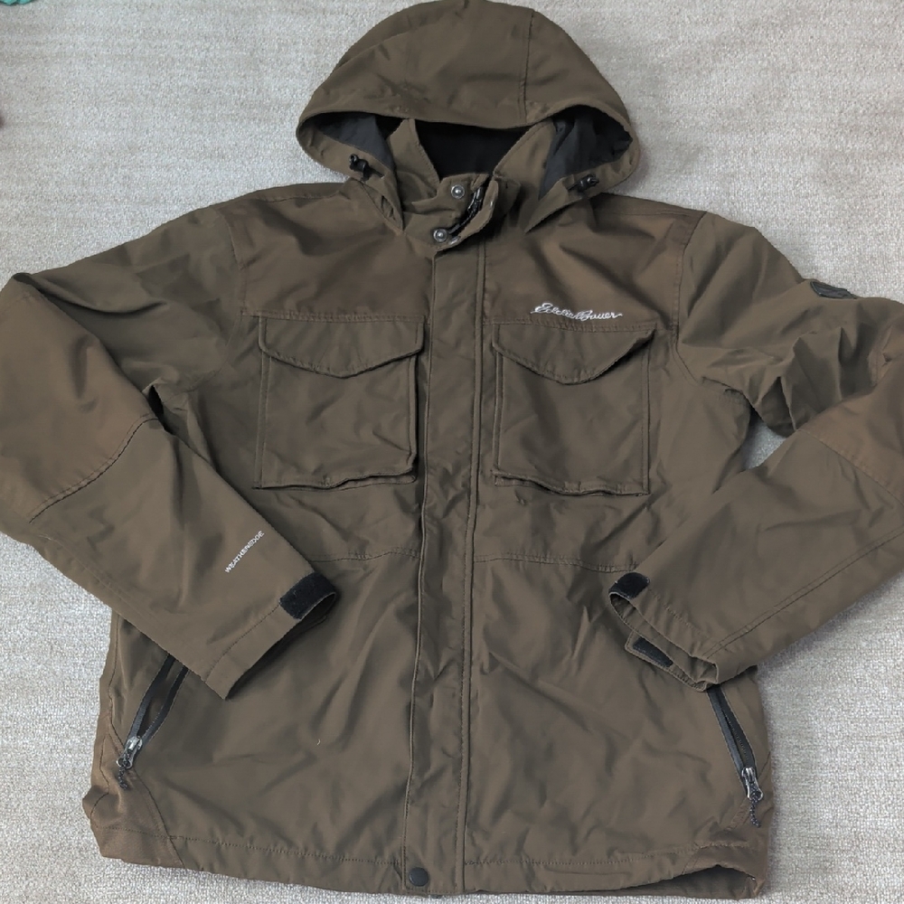 Eddie Bauer Men's Olive Hooded Raincoat